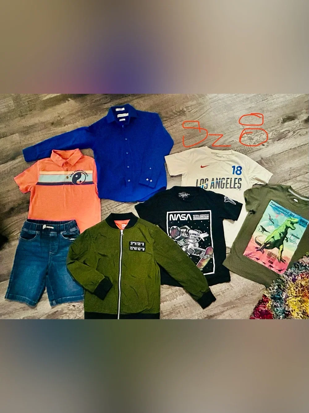 Boys sz 8 bundle, Jacket long/short sleeve color shirt, 3 tees, jean shorts